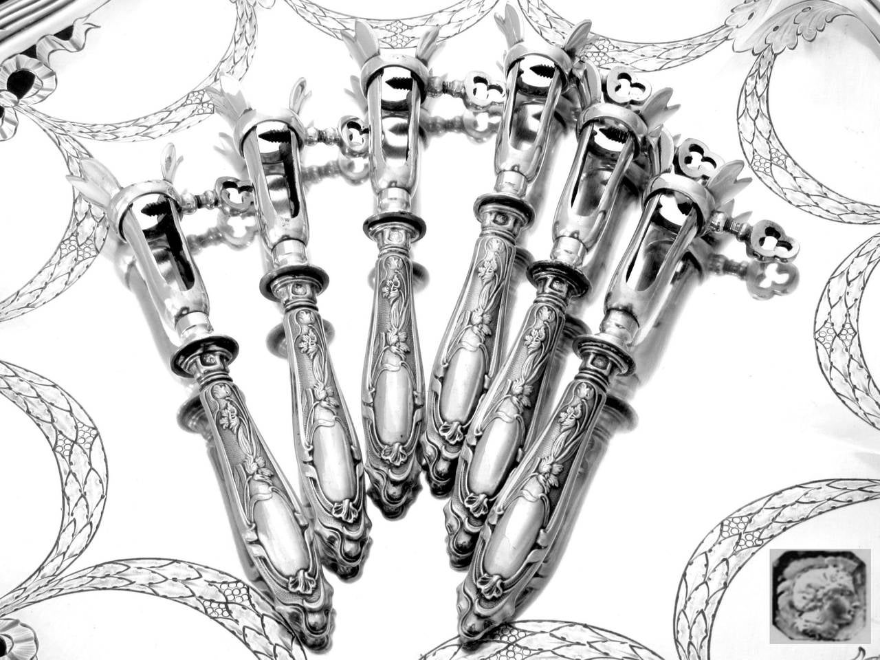 Lapeyre Gorgeous French Sterling Silver Cutlet Holders Set 6 pc Art Nouveau 2