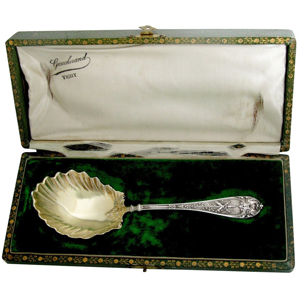 Fabulous French All Sterling Silver 18K Gold Serving Spoon w/Original Box Torch For Sale