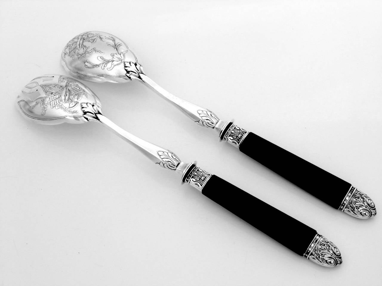 Unusual French Silver and Ebony Salad Serving Set 2 pc w/box Musical Instruments