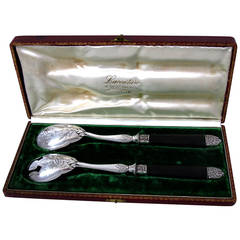 Unusual French Silver and Ebony Salad Serving Set 2 pc w/box Musical Instruments