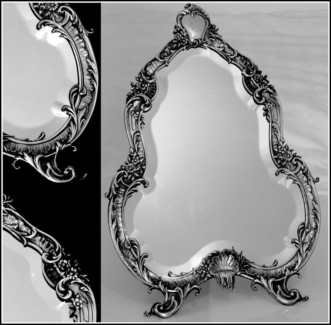 Imposing French Sterling Silver Vanity/Dressing Table Mirror 20'1 Rococo

Rare and imposing French Sterling Silver Vanity/Dressing Table mirror with exaggerated Rococo decoration.
Mounted onto a thick, solid wooden backing with folding easel. It