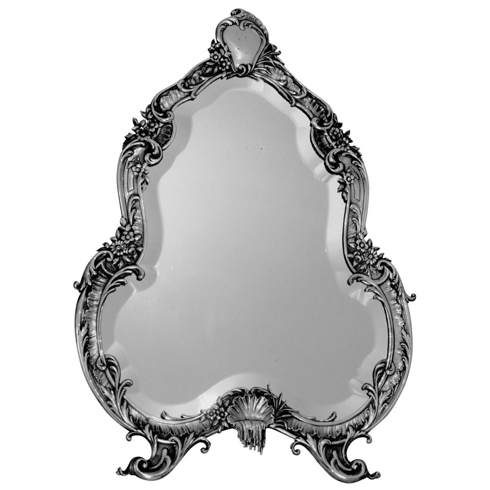 Imposing French Sterling Silver Rococo Vanity Dressing Table Mirror For Sale