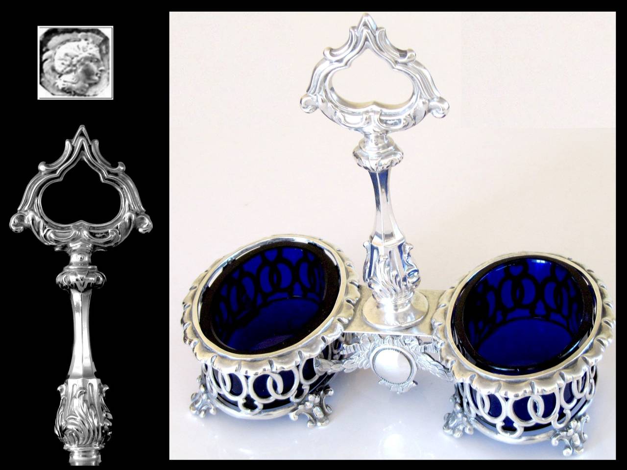 DEBAIN Top Quality French Sterling Silver & Cobalt Glass Open Salt Caddy

Head of Minerve 1st titre on the caddy for 950/1000 French Sterling Silver guarantee.

Exceptional Antique French sterling silver Open Salt Caddy with original Cobalt