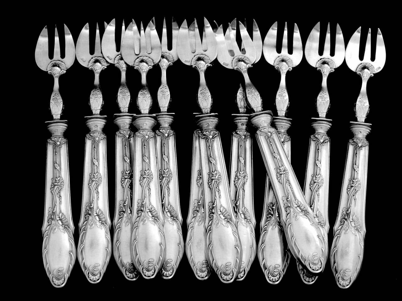 Gorgeous French Sterling Silver Oyster Forks 12 piece original box Rococo 6