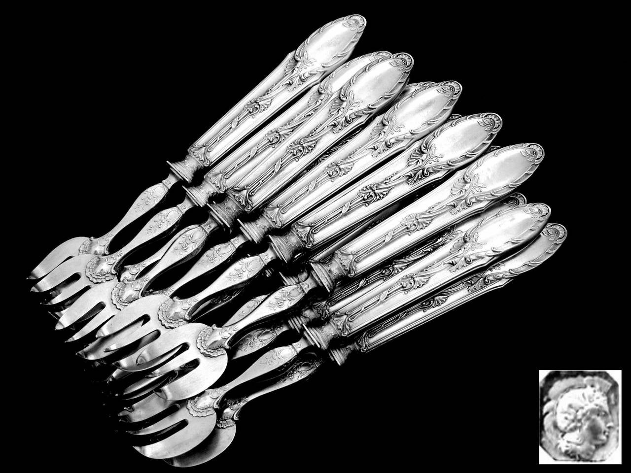 Women's or Men's Gorgeous French Sterling Silver Oyster Forks 12 piece original box Rococo