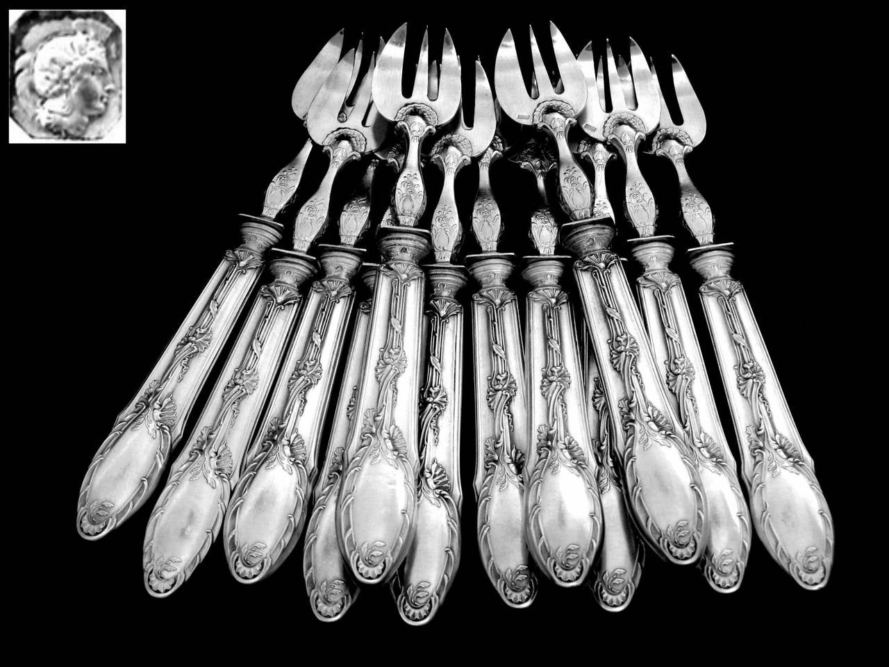 Gorgeous French Sterling Silver Oyster Forks 12 piece original box Rococo 1