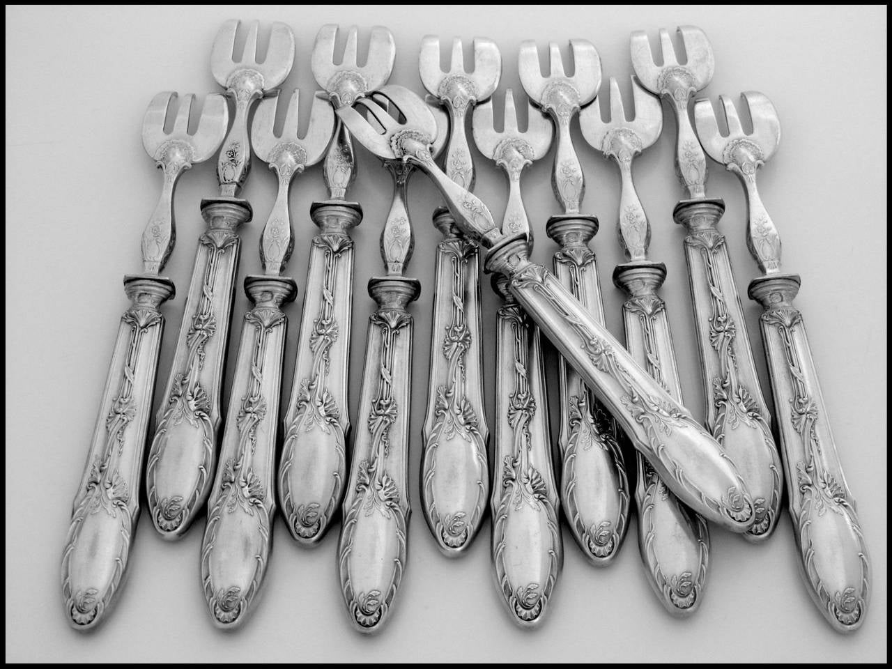 Gorgeous French Sterling Silver Oyster Forks 12 piece original box Rococo 5