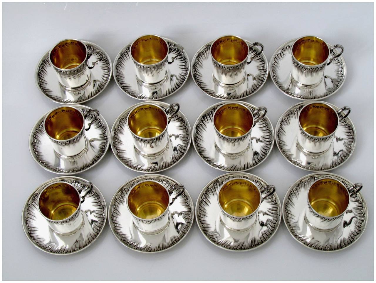 Boulenger Rare French Sterling Silver Vermeil Twelve Coffee Tea Cups Saucers In Good Condition In Triaize, Pays de Loire