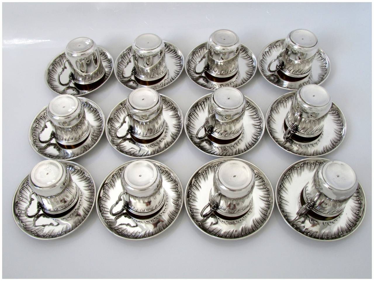 Rococo Boulenger Rare French Sterling Silver Vermeil Twelve Coffee Tea Cups Saucers