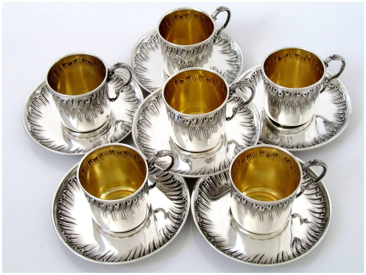 Boulenger Rare French Sterling Silver Vermeil Twelve Coffee Tea Cups Saucers 2