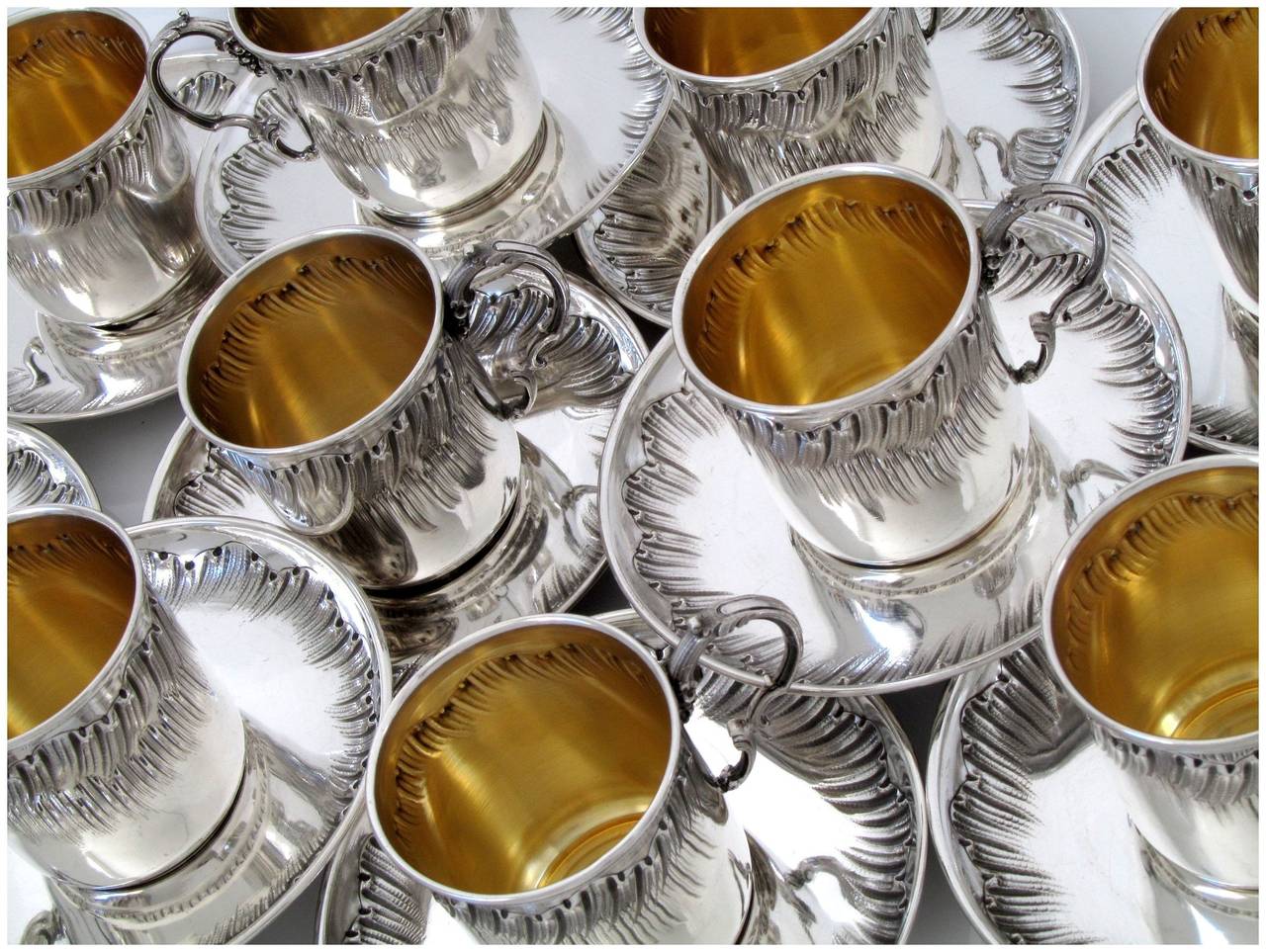Boulenger Rare French Sterling Silver Vermeil Twelve Coffee Tea Cups Saucers 4