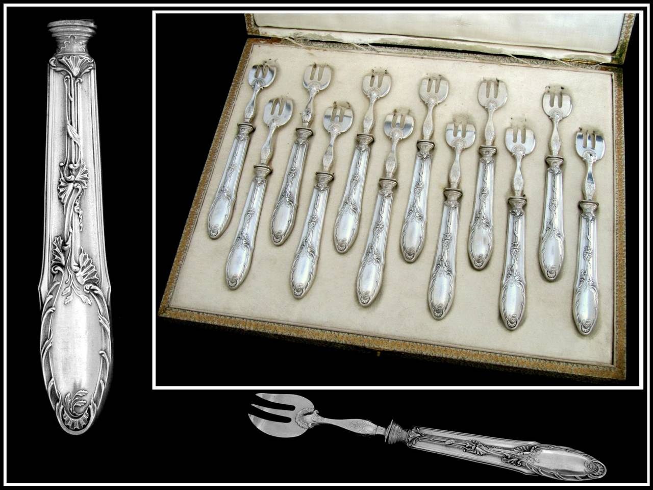 Gorgeous French Sterling Silver Oyster Forks 12 pc w/ original box Rococo

Head of Minerve 1 st titre on the handles for guarantee 950/1000 french sterling silver. The upper parts are silver plated.

Silversmith : 
Albert Deflon (Henin