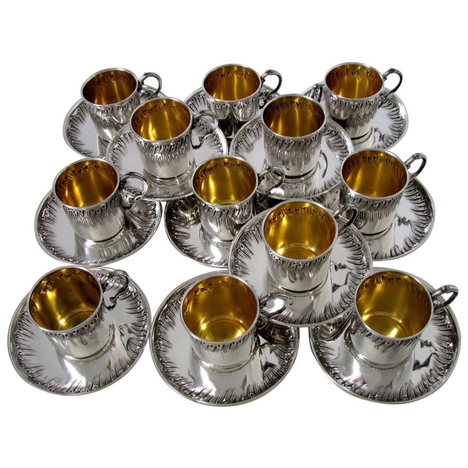 Boulenger Rare French Sterling Silver Vermeil Twelve Coffee Tea Cups Saucers