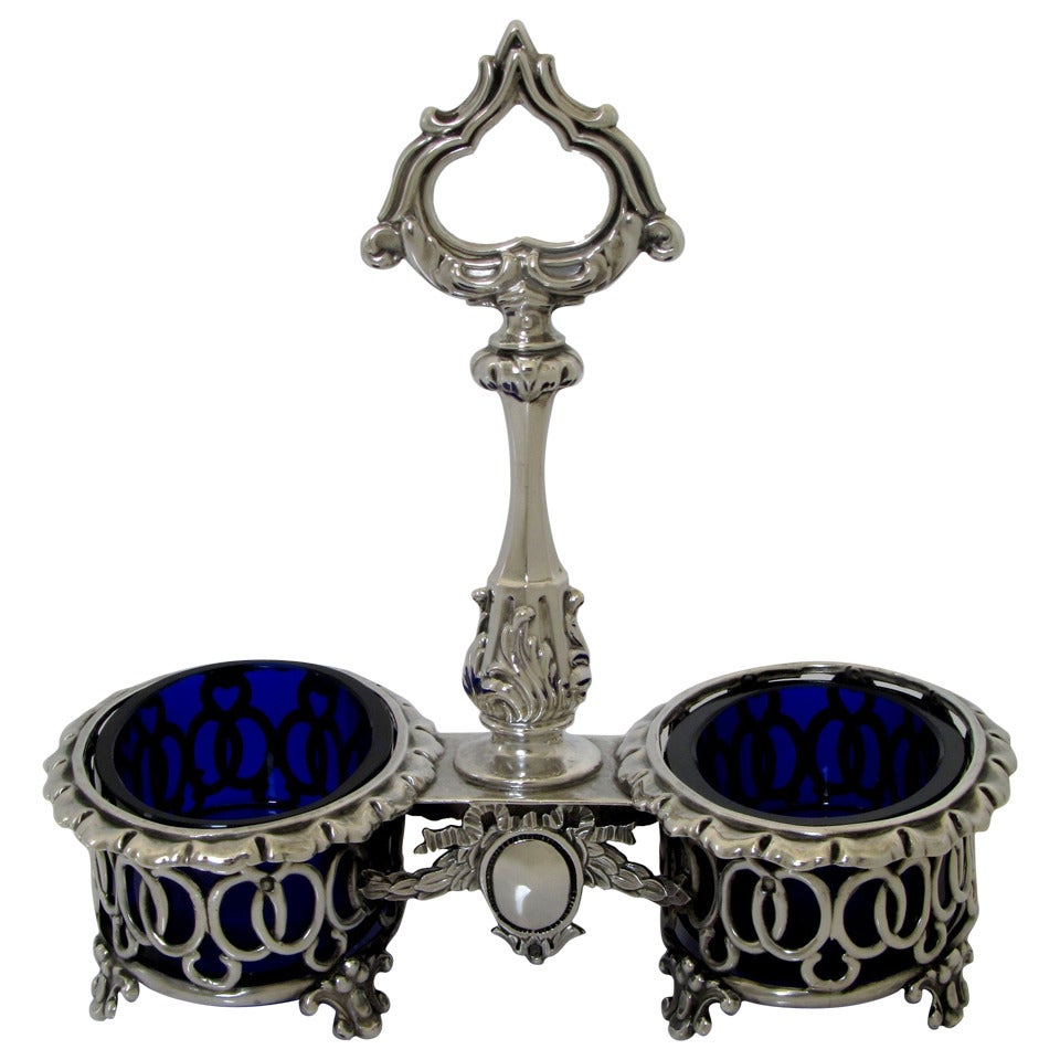 Debain Top Quality French Sterling Silver and Cobalt Glass Open Salt Caddy