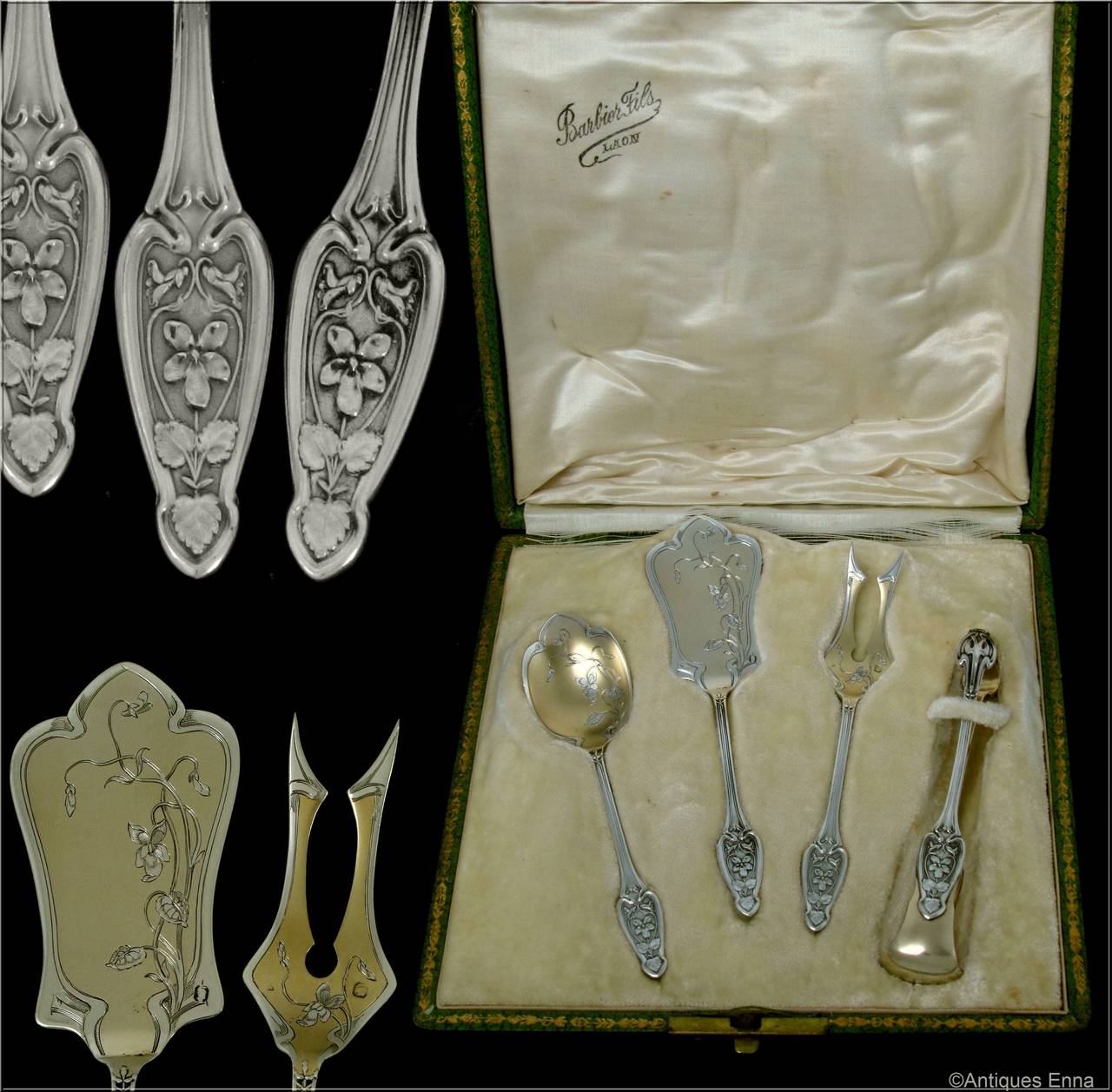 Fabulous French All Sterling Silver Vermeil Dessert Set 4 pc w/box Art Nouveau