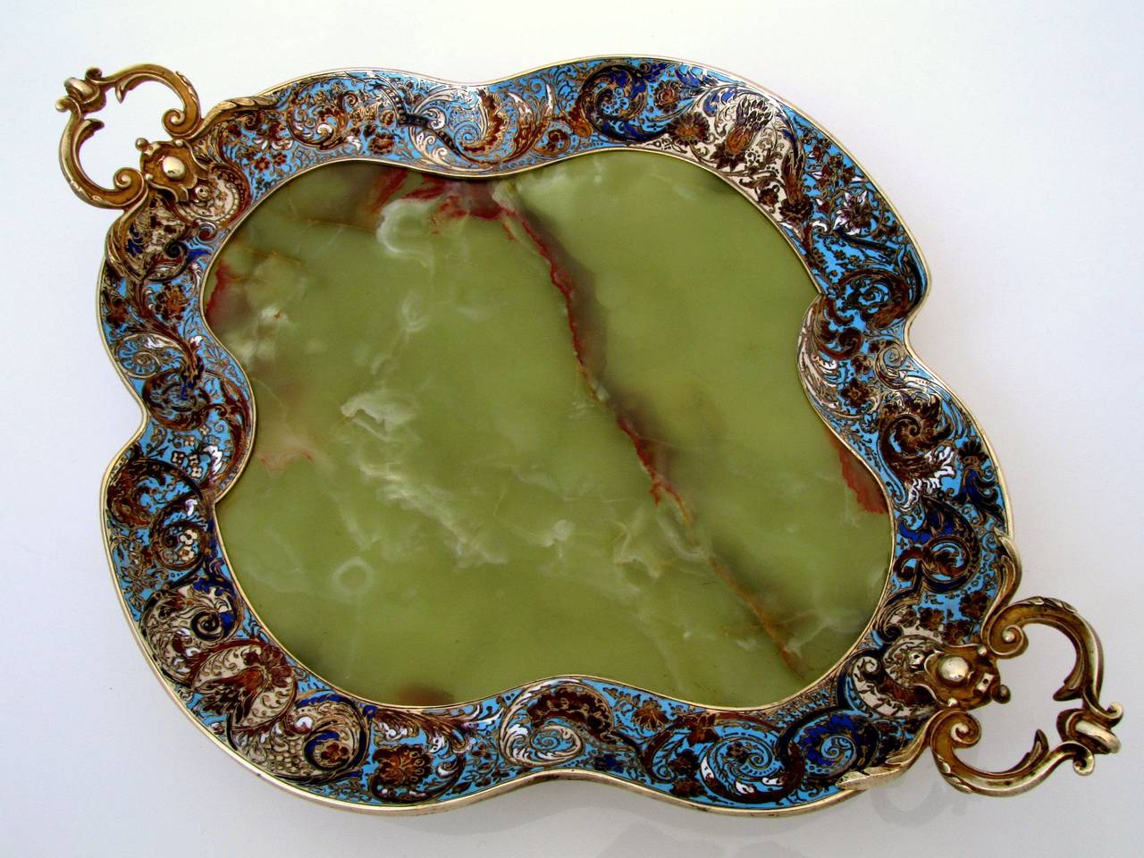 Women's or Men's Antique French Champleve Enamel Onyx Bronze Tray Centerpiece