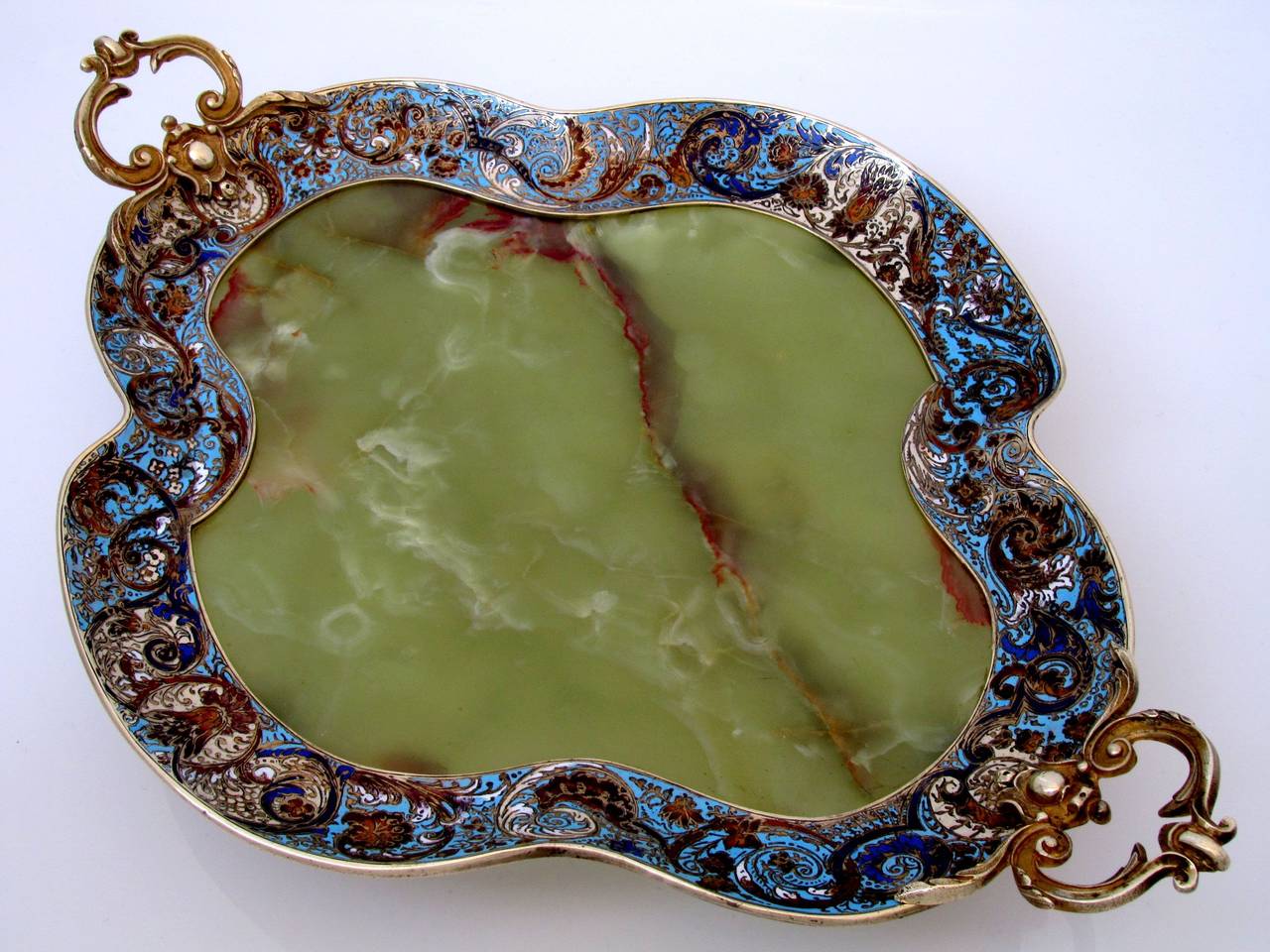 Napoleon III Antique French Champleve Enamel Onyx Bronze Tray Centerpiece