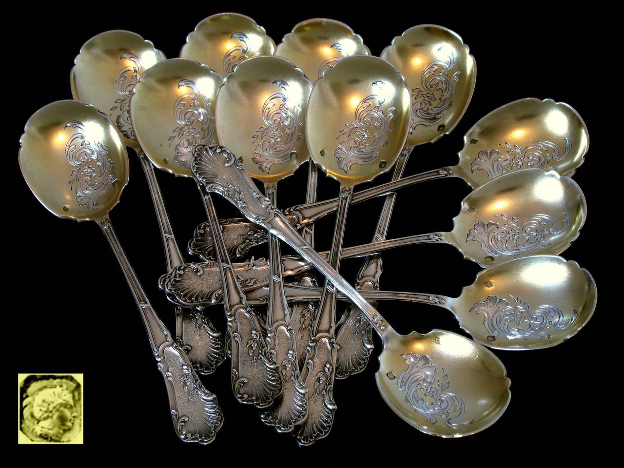 Soufflot French All Sterling Silver Vermeil Ice Cream Spoons Set 12 pc Rococo For Sale 5