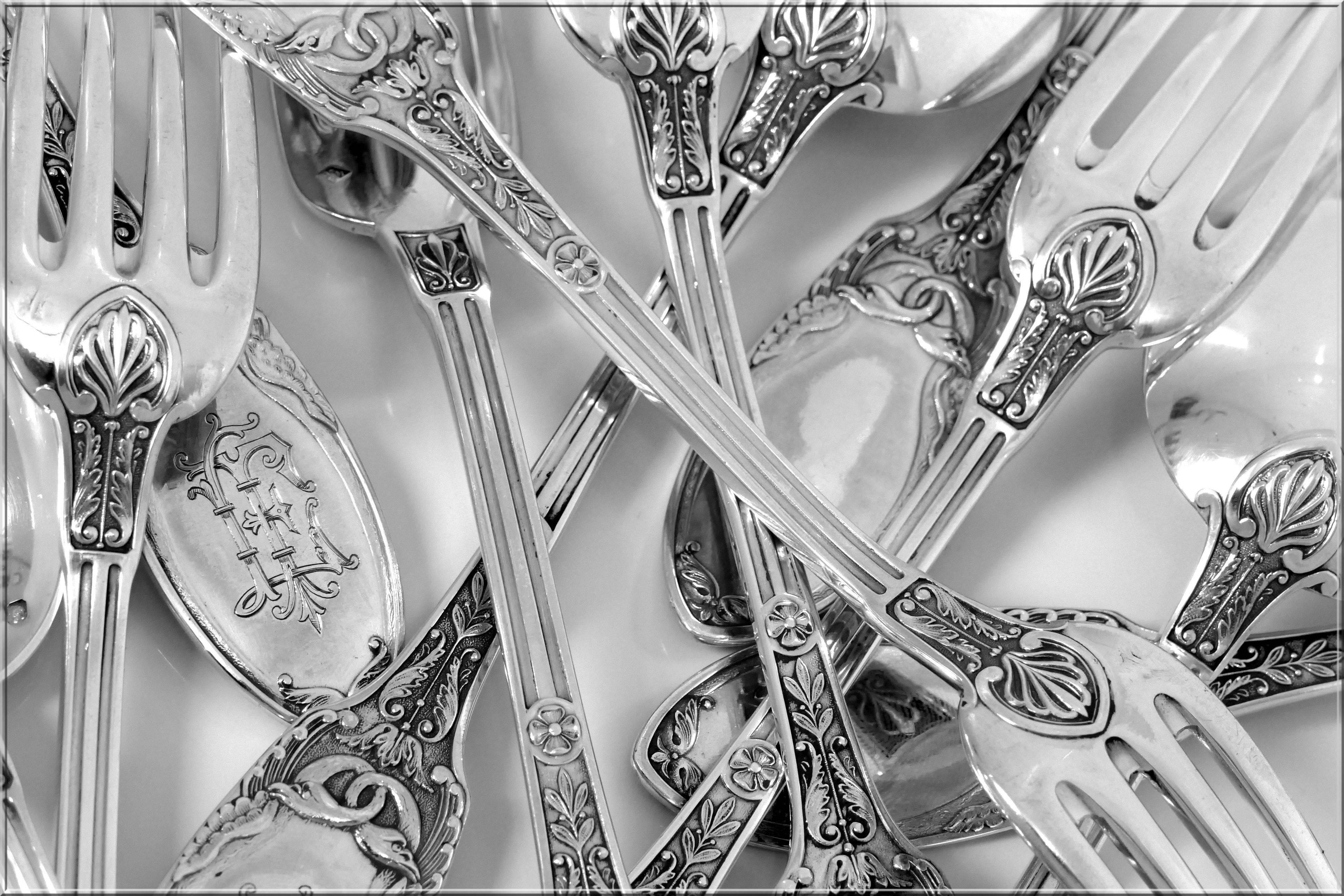 Combeau Rare French Sterling Silver Dinner Flatware Set 12 pc Swans For Sale 5