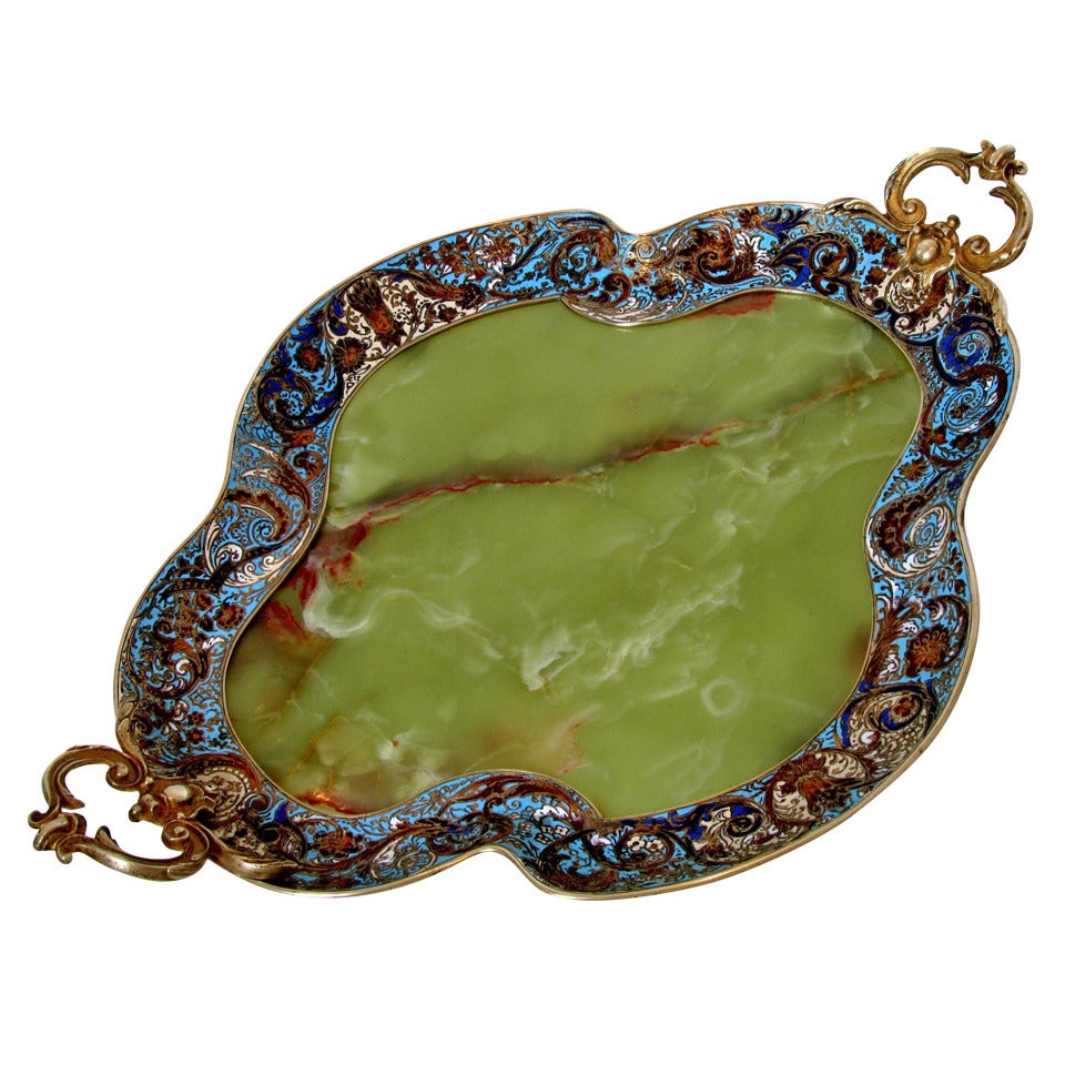 Antique French Champleve Enamel Onyx Bronze Tray Centerpiece at 1stDibs