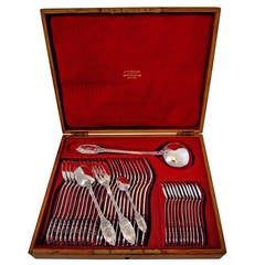 Puiforcat French Sterling Silver Dinner Flatware Set 37 pc w/Oak Chest Mascaron