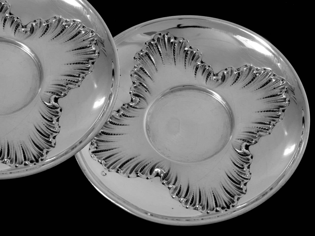 Pair of French Sterling Silver Vermeil Coffee/Tea Cups w/Saucers Rococo Pattern For Sale 2