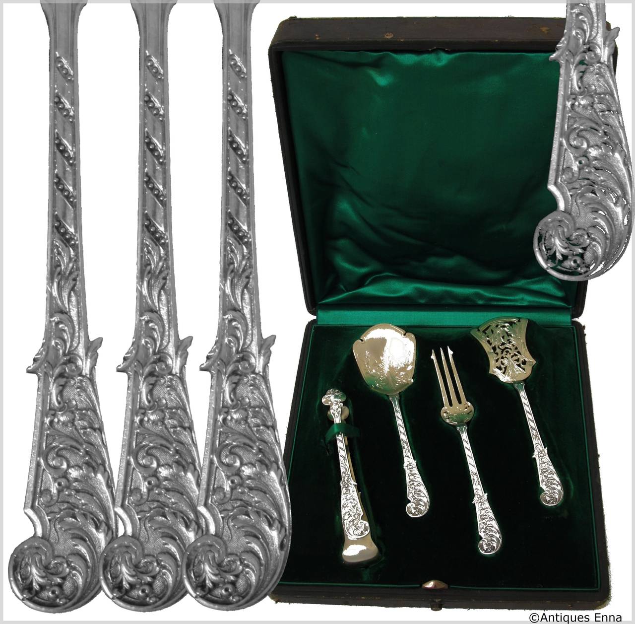 Soufflot French All Sterling Silver Vermeil Dessert Set 4 pc w/box Rococo

Head of Minerve 1 st titre for 950/1000 French Sterling Silver Vermeil guarantee (server, fork and spoon ) and Boar's Head for 800/1000 French Sterling Silver Vermeil (