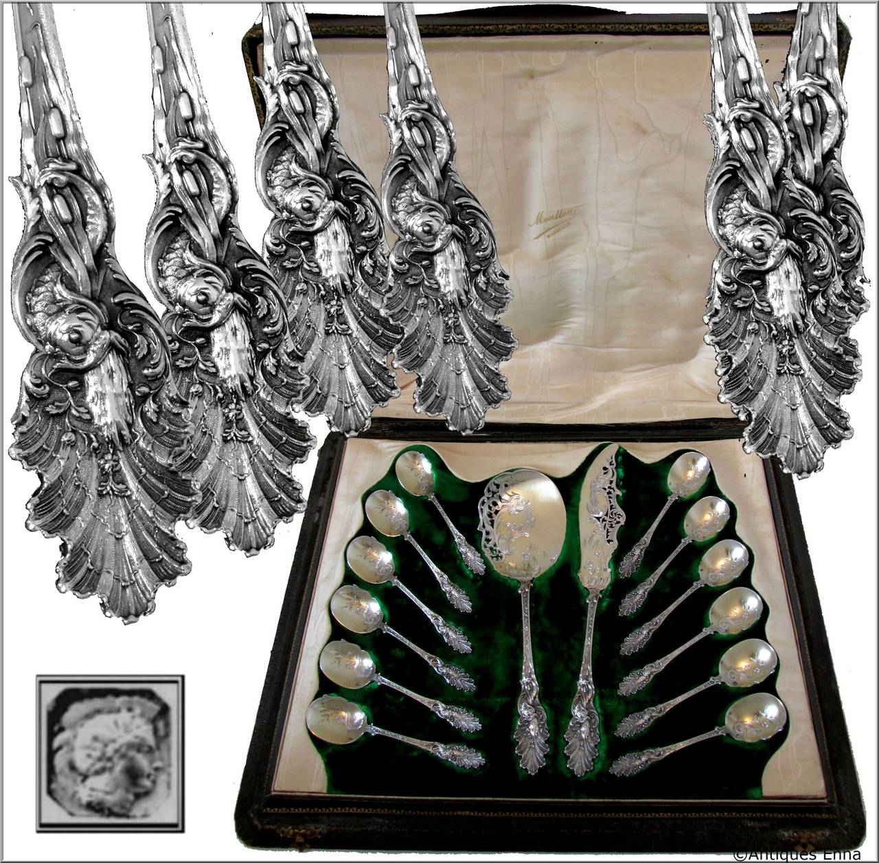 Soufflot Rare French All Sterling Silver Vermeil Ice Cream Set 14 pc with Box Rococo

Head of Minerve 1st titre for 950/1000 French Sterling Silver Vermeil guarantee

A set of truly exceptional quality, for the richness of its decoration, its