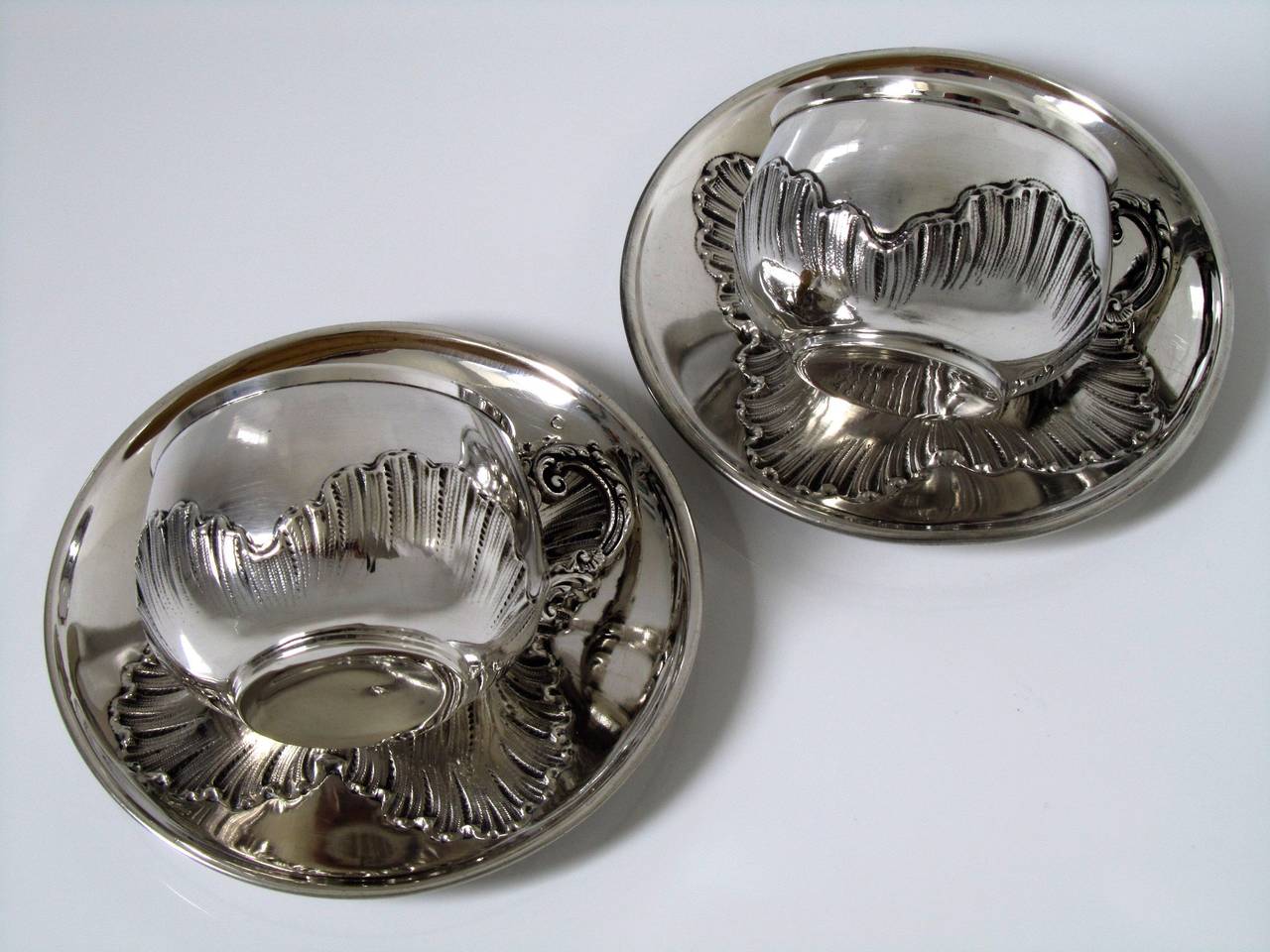 Pair of French Sterling Silver Vermeil Coffee/Tea Cups w/Saucers Rococo Pattern For Sale 5