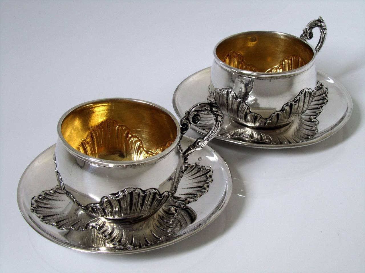 Pair of French Sterling Silver Vermeil Coffee/Tea Cups w/Saucers Rococo Pattern For Sale 4