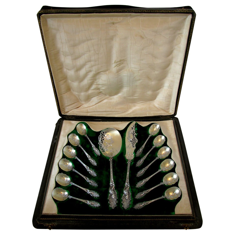 Soufflot French All Sterling Silver Vermeil Ice Cream Set 14 pc Box Dolphins