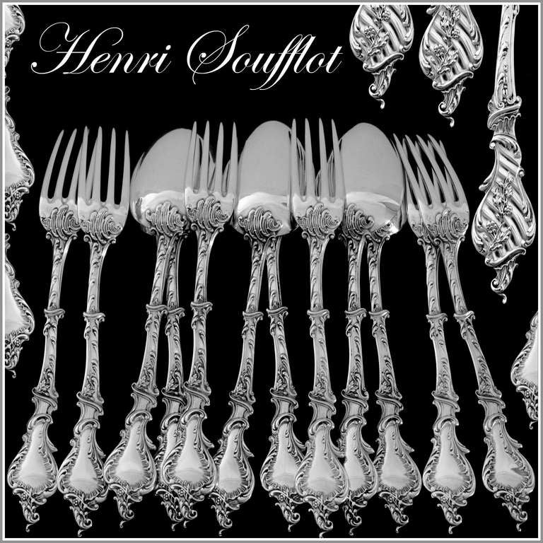 SOUFFLOT Fabulous French Sterling Silver Dessert Flatware Set 12 pc Rococo

Exceptional French sterling silver Dessert Flatware 12 pc. Finesse of design and quality of execution rarely seen for this set. The stems and handles having exaggerated