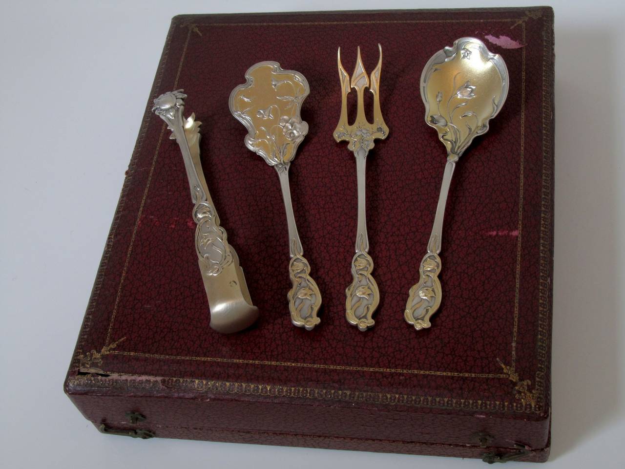 Women's or Men's Rare French All Sterling Silver Vermeil Dessert Set 4 pc w/box Art Nouveau