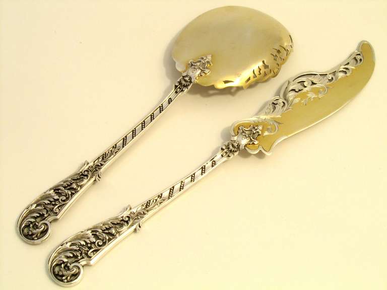 SOUFFLOT Top French All Sterling Silver Vermeil Ice Cream Set 2 pc w/box Rococo 1