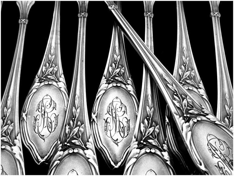 SOUFFLOT Antique French All Sterling Silver Oyster Forks 12 pc Louis XVI Pattern For Sale 1