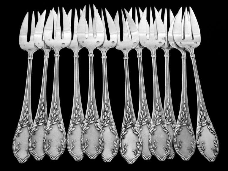 SOUFFLOT Antique French All Sterling Silver Oyster Forks 12 pc Louis XVI Pattern For Sale 2