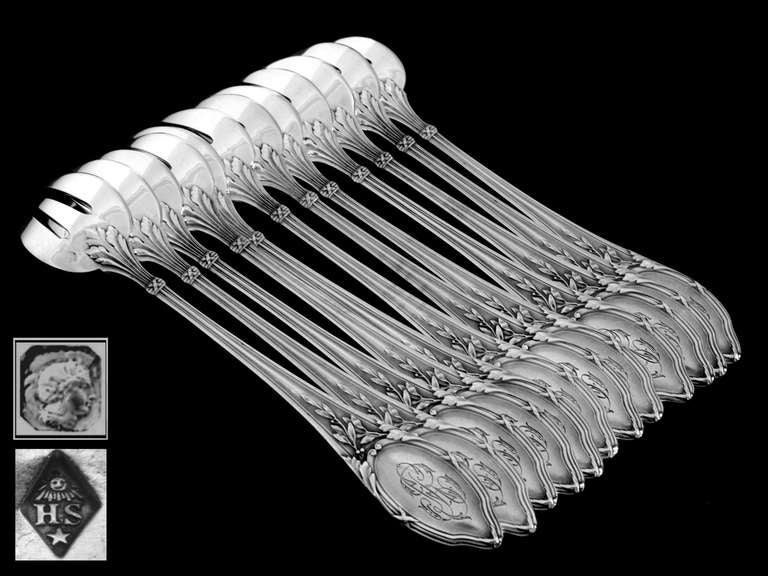 Art Nouveau SOUFFLOT Antique French All Sterling Silver Oyster Forks 12 pc Louis XVI Pattern For Sale