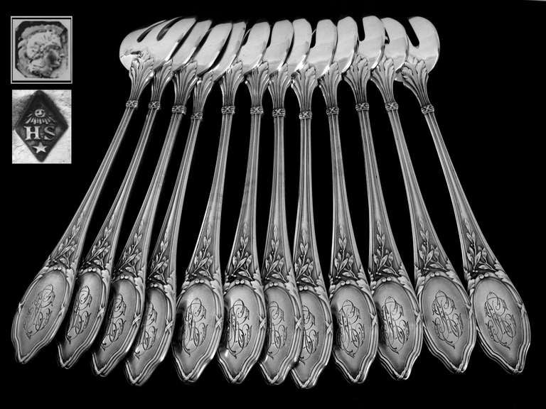 Women's or Men's SOUFFLOT Antique French All Sterling Silver Oyster Forks 12 pc Louis XVI Pattern For Sale