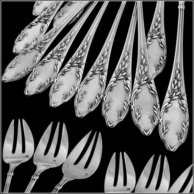 SOUFFLOT Antique French All Sterling Silver Oyster Forks 12 pc Louis XVI Pattern

With three slightly curved tines, the stems and handles are decorated with ribbons and laurels motif in Louis XVI style.

Head of Minerve 1 st titre for 950/1000