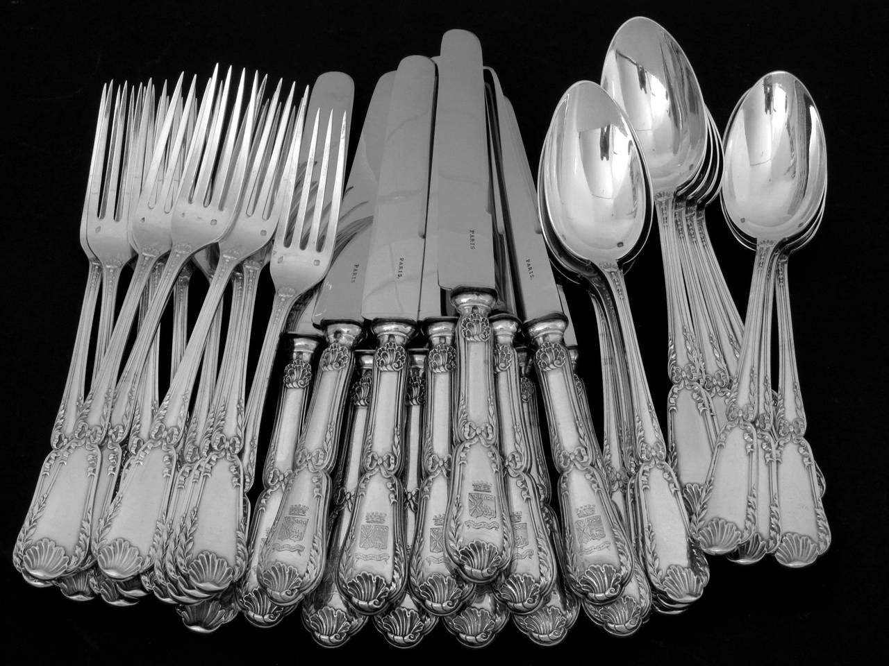 Puiforcat French Sterling Silver Dinner Flatware Set 36 pc w/Chests Baron Crest 4