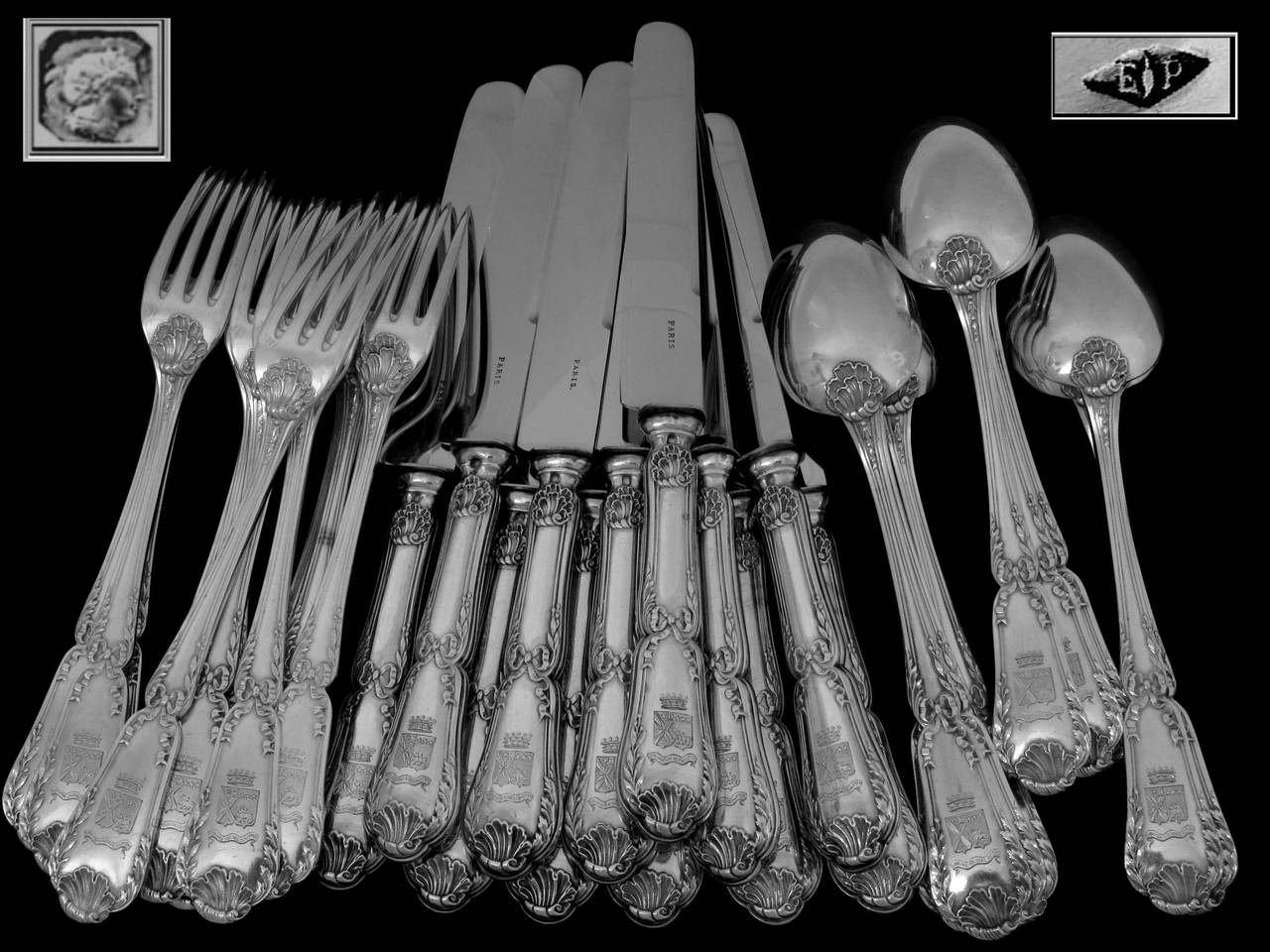 Neoclassical Puiforcat French Sterling Silver Dinner Flatware Set 36 pc w/Chests Baron Crest