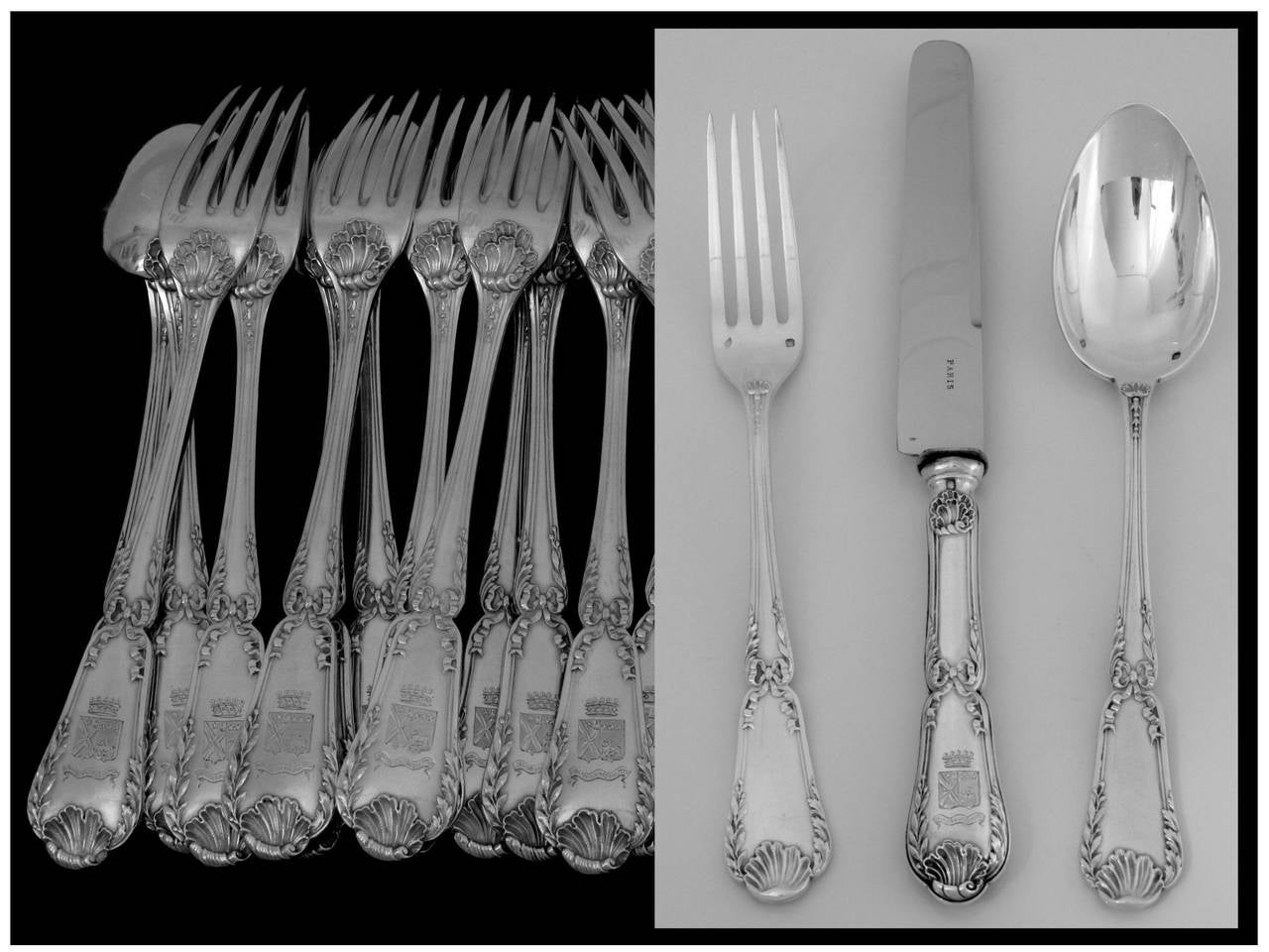 Puiforcat French Sterling Silver Dinner Flatware Set 36 pc w/Chests Baron Crest 1