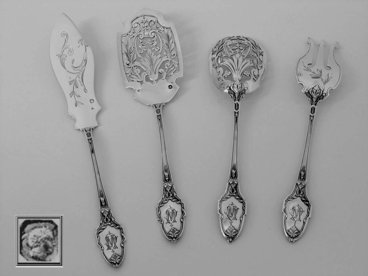 Gorgeous French All Sterling Silver Hors D'oeuvre Set 4 pc w/box Louis XVI-style 2
