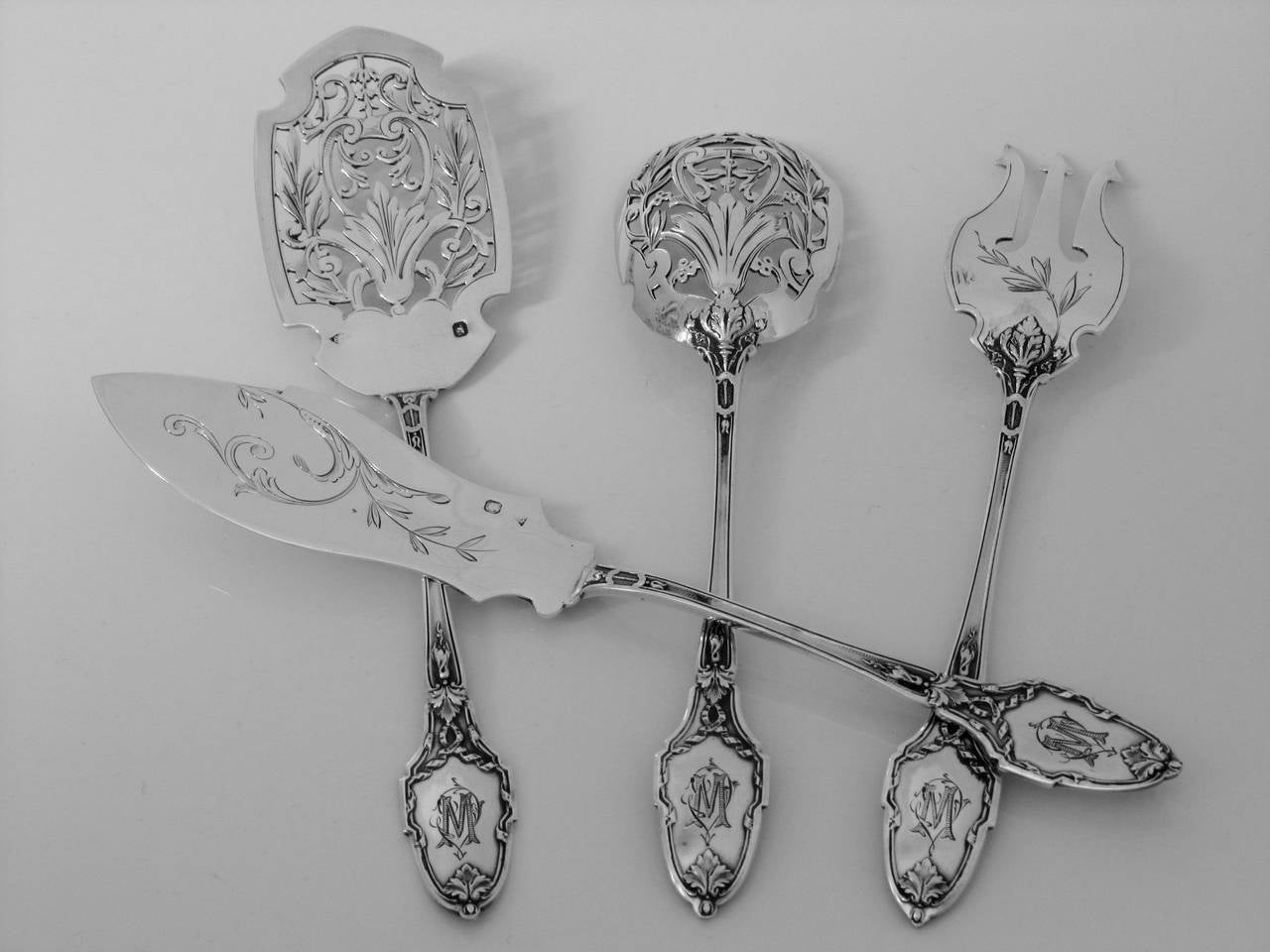 Neoclassical Gorgeous French All Sterling Silver Hors D'oeuvre Set 4 pc w/box Louis XVI-style