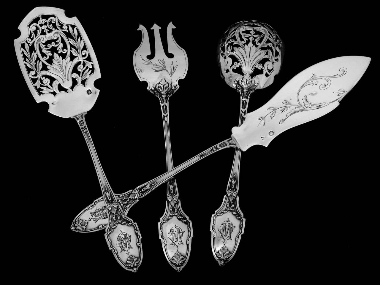 Gorgeous French All Sterling Silver Hors D'oeuvre Set 4 pc w/box Louis XVI-style 1