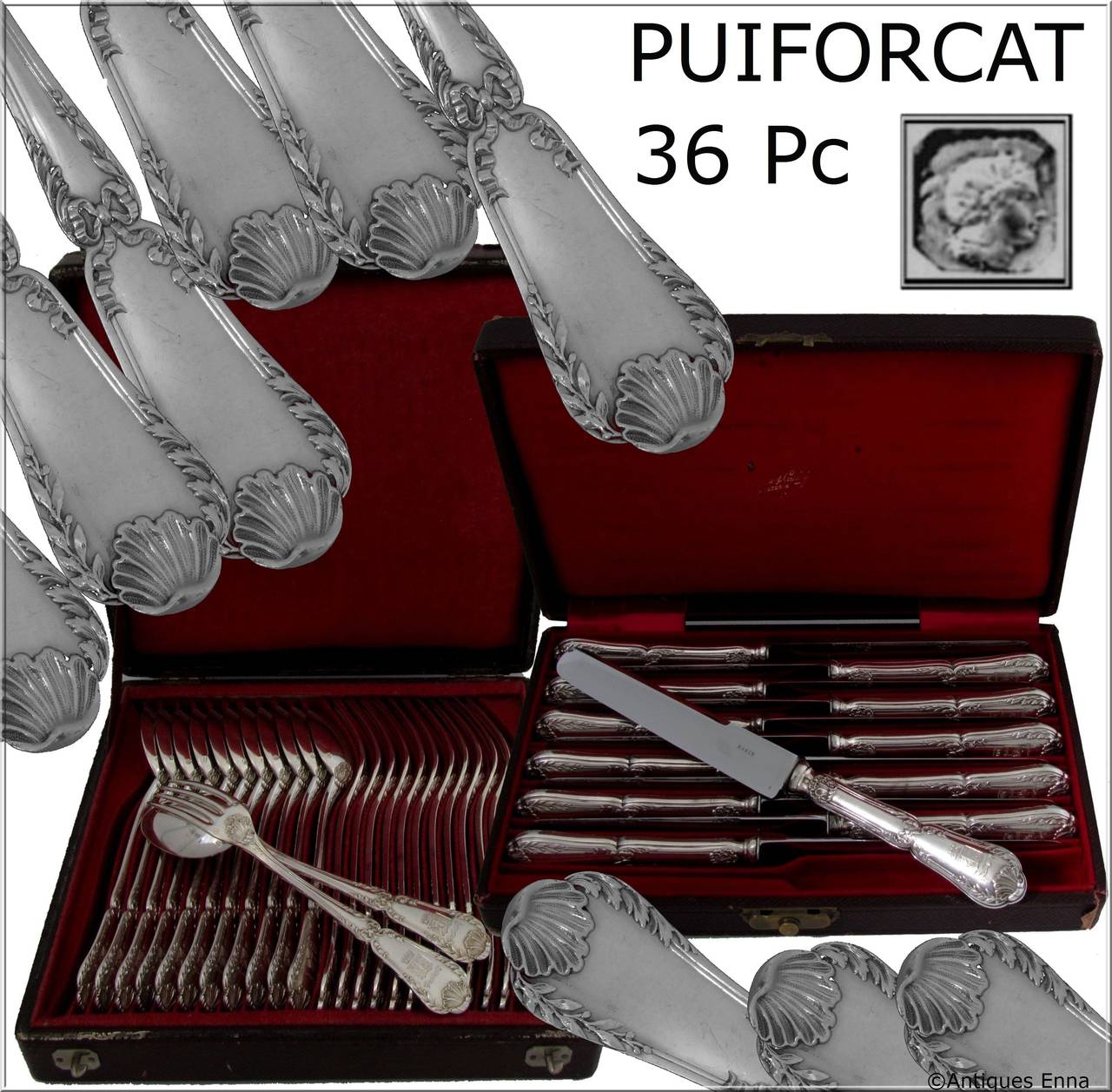 Puiforcat French Sterling Silver Dinner Flatware Set 36 pc w/Chests Louis XVI

Head of Minerve 1 st titre for 950/1000 French Sterling Silver guarantee

A rare flatware with foliate, shell and ribbon decoration. There are plate of the Maison