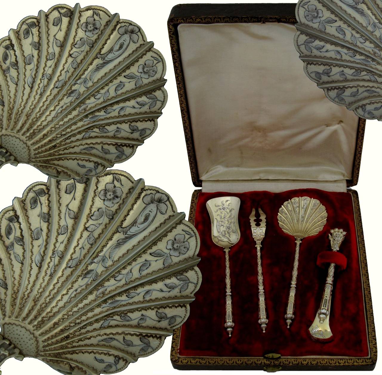 Gabert French All Sterling Silver Vermeil Dessert Set 4 pc w/box A la Russe

A set of truly exceptional quality, for the richness of his decoration, not only for his form and sculpting, but also for the multi-coloured, which is itself quite rare.