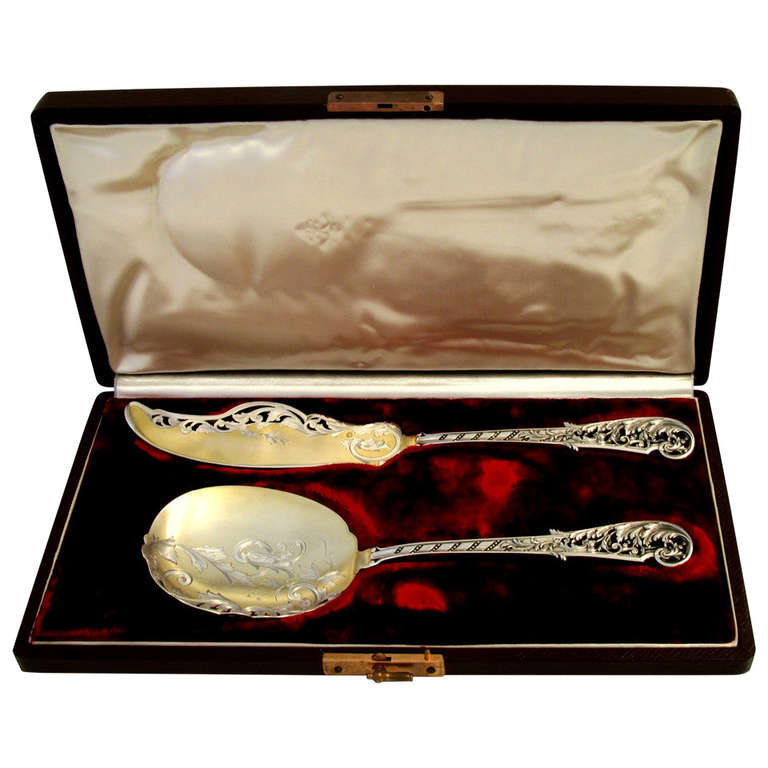SOUFFLOT Top French All Sterling Silver Vermeil Ice Cream Set 2 pc w/box Rococo