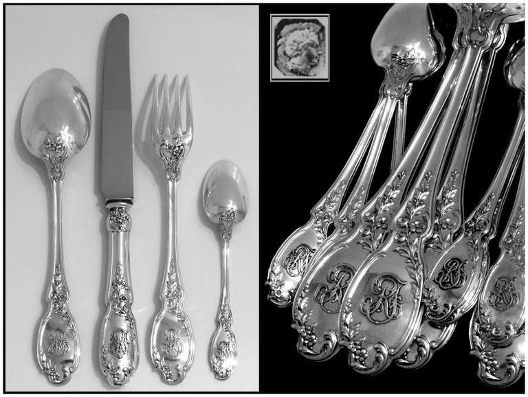 Art Nouveau LINZELER French Sterling Silver Dinner Flatware Set 24 pc New Stainless Blades