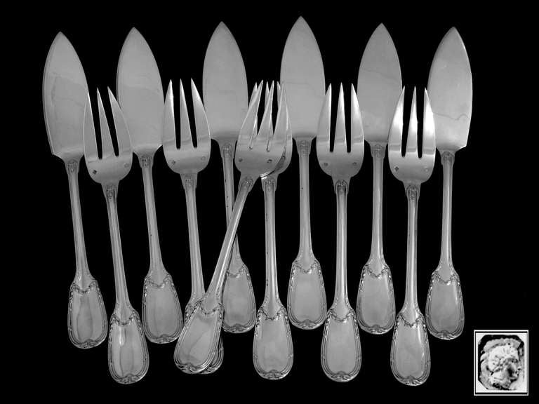 Women's or Men's Ch. CHRISTOFLE Rare French Sterling Silver Fish Flatware 12 pc Neo Classical For Sale
